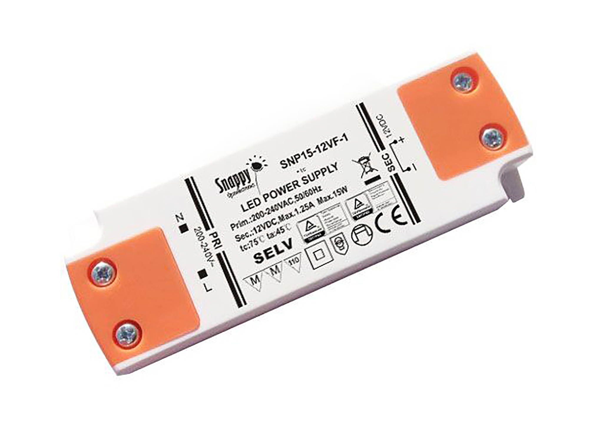 SNP15-12VF-1  15W Constant Voltage Non-Dimmable LED Driver, 12VDC 1.25A IP20.